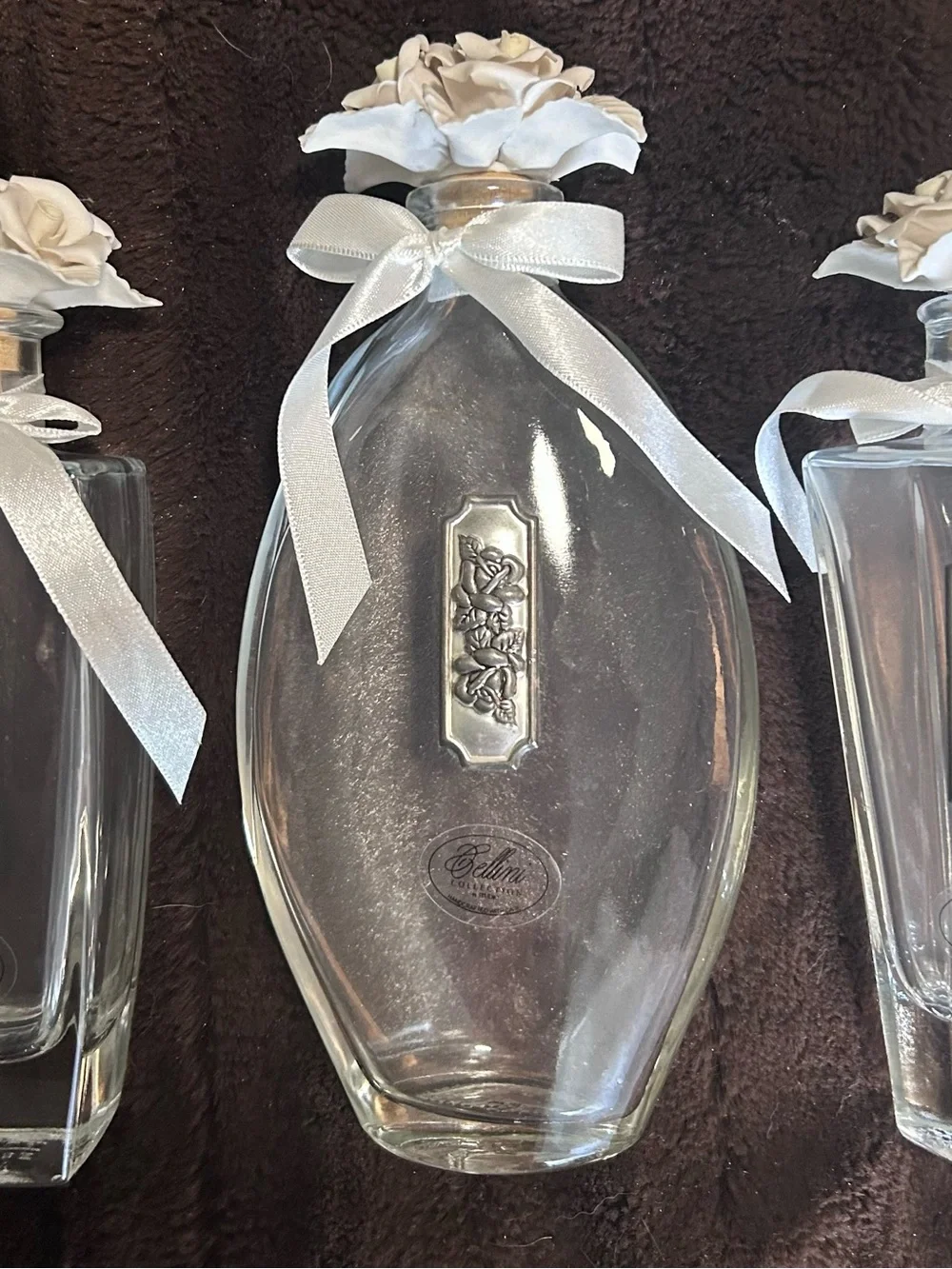 Set of 3 VTG Cellini Collection perfume bottles porcelain roses on stopper